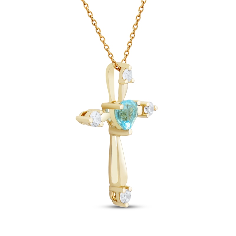 Main Image 2 of Heart-Shaped Natural Swiss Blue Topaz & Diamond Cross Necklace 1/10 ct tw 10K Yellow Gold 18&quot;