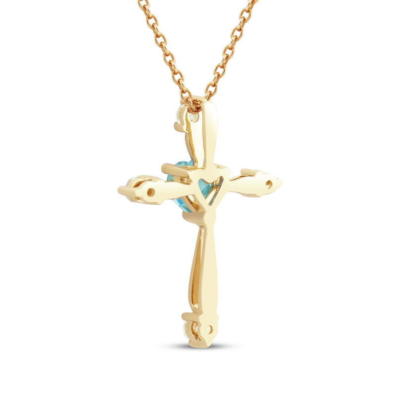 Main Image 3 of Heart-Shaped Natural Swiss Blue Topaz & Diamond Cross Necklace 1/10 ct tw 10K Yellow Gold 18&quot;