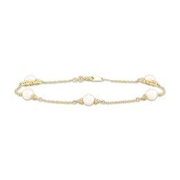 Cultured Pearl & Diamond Station Bracelet 1/15 ct tw 10K Yellow Gold 7.25&quot;