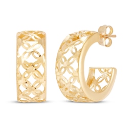 Openwork Flower J-Hoop Earrings 14K Yellow Gold