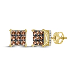 Men's Brown Diamond Square Stud Earrings 1 ct tw 10K Yellow Gold