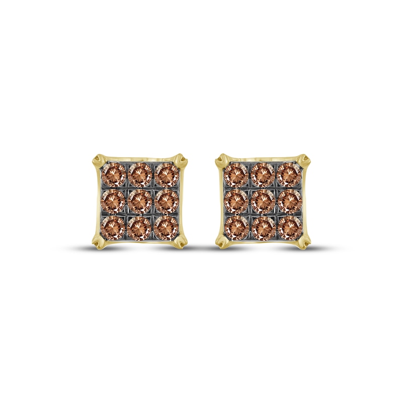 Men's Brown Diamond Square Stud Earrings 1 ct tw 10K Yellow Gold