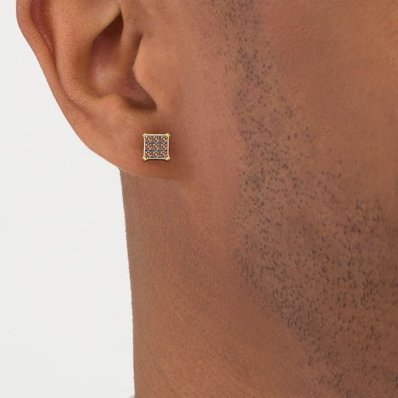 Men's Brown Diamond Square Stud Earrings 1 ct tw 10K Yellow Gold