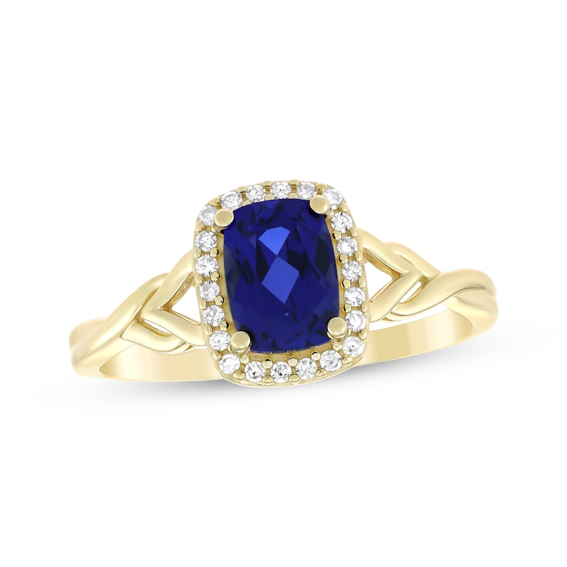 Main Image 1 of Cushion-Cut Blue Lab-Created Sapphire & Diamond Ring 1/10 ct tw 10K Yellow Gold