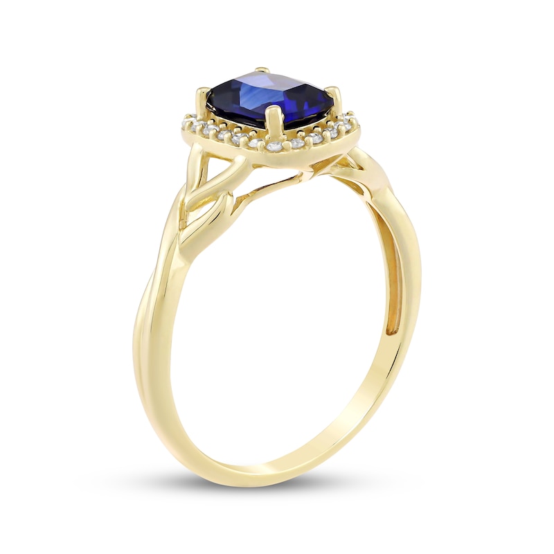 Main Image 2 of Cushion-Cut Blue Lab-Created Sapphire & Diamond Ring 1/10 ct tw 10K Yellow Gold