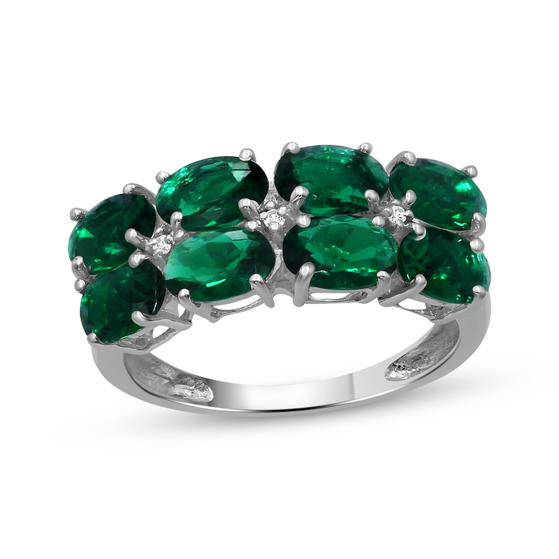 Main Image 1 of Oval-Cut Lab-Created Emerald & White Lab-Created Sapphire Two-Row Ring Sterling Silver