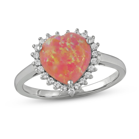 Pink Lab-Created Opal & White Lab-Created Sapphire Heart Ring Sterling Silver