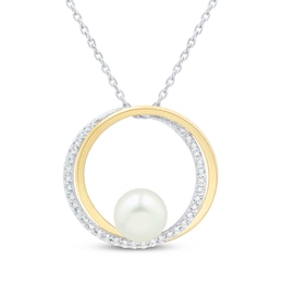 Cultured Pearl & White Lab-Created Sapphire Circle Necklace Sterling Silver & 10K Yellow Gold 18&quot;