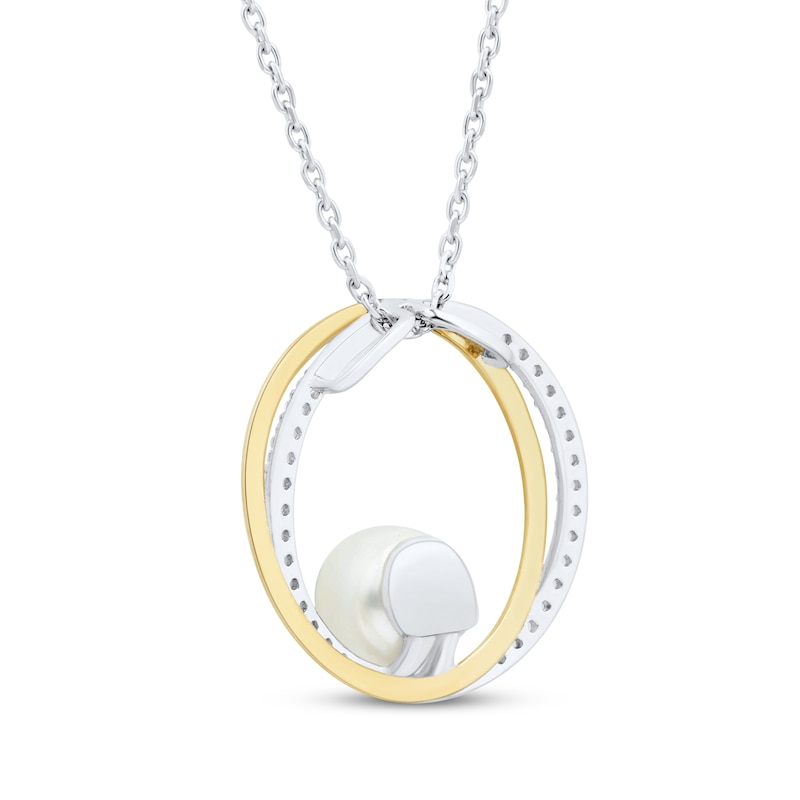 Main Image 3 of Cultured Pearl & White Lab-Created Sapphire Circle Necklace Sterling Silver & 10K Yellow Gold 18&quot;