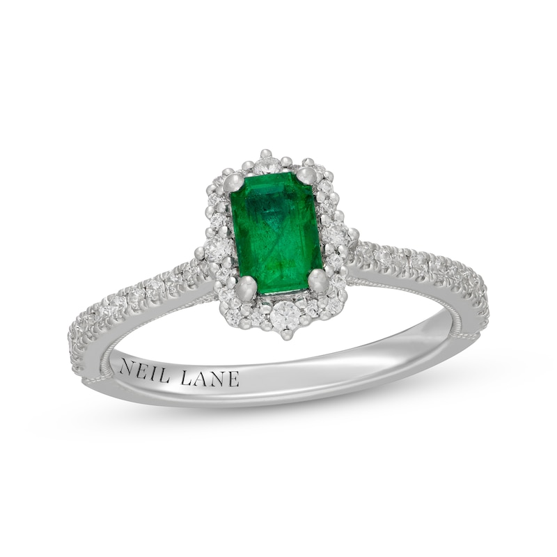 Main Image 1 of Neil Lane Emerald-Cut Natural Emerald & Diamond Halo Engagement Ring 3/8 ct tw 14K White Gold