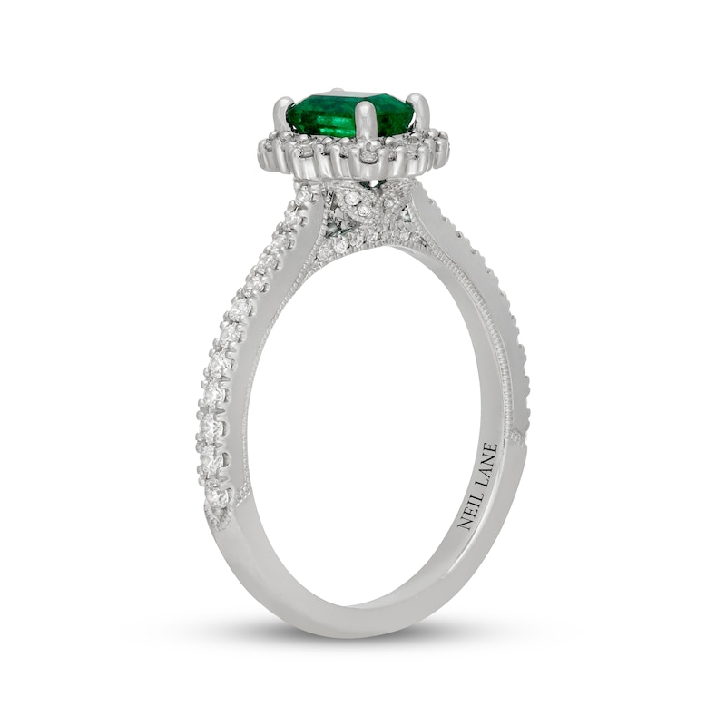 Main Image 2 of Neil Lane Emerald-Cut Natural Emerald & Diamond Halo Engagement Ring 3/8 ct tw 14K White Gold