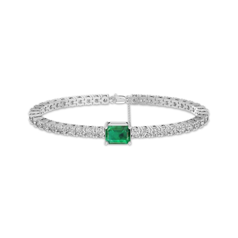 Main Image 1 of Octagon-Cut Lab-Created Emerald & White Lab-Created Sapphire Bracelet Sterling Silver 8&quot;