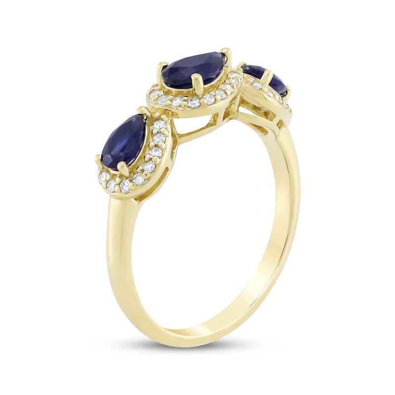 Main Image 2 of Pear-Shaped Natural Blue Sapphire & Diamond Teardrop Three-Stone Ring 1/5 ct tw 10K Yellow Gold