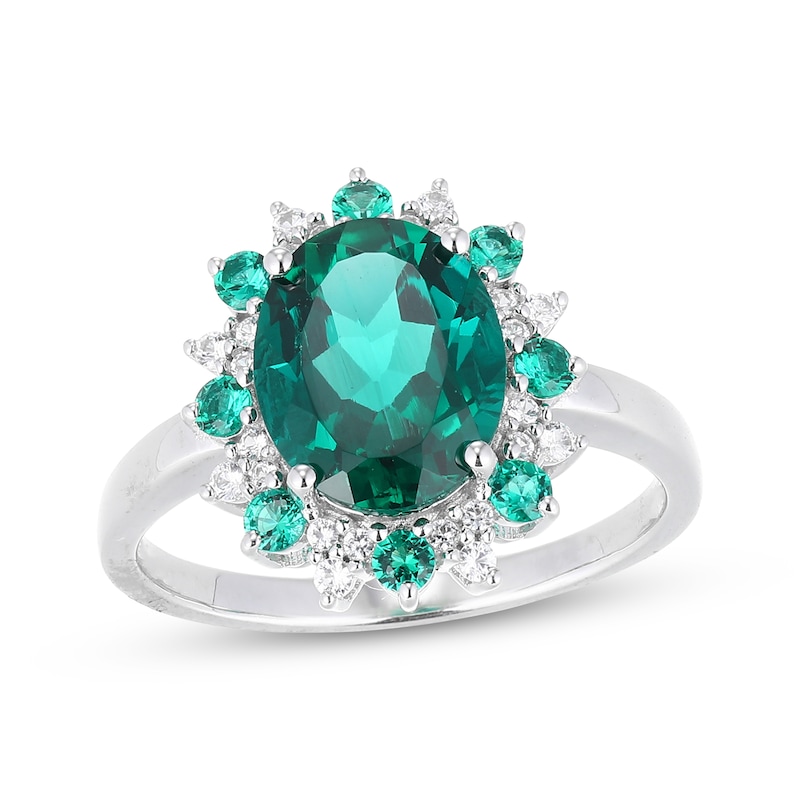 Main Image 1 of Oval-Cut Lab-Created Emerald & White Lab-Created Sapphire Starburst Halo Ring Sterling Silver