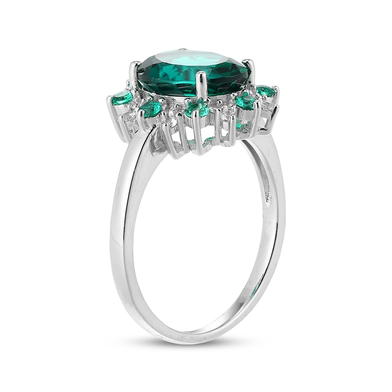 Main Image 2 of Oval-Cut Lab-Created Emerald & White Lab-Created Sapphire Starburst Halo Ring Sterling Silver