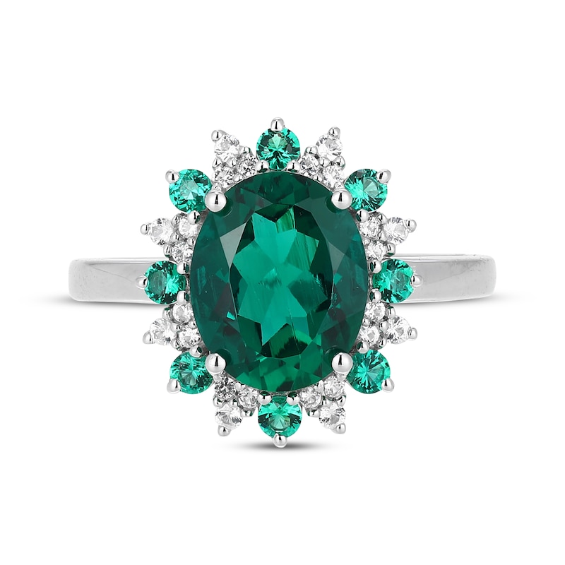 Main Image 3 of Oval-Cut Lab-Created Emerald & White Lab-Created Sapphire Starburst Halo Ring Sterling Silver