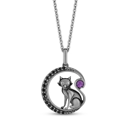 Disney Treasures Hocus Pocus Amethyst Cat & Crescent Moon Necklace 1/6 ct tw Diamonds Black Rhodium Sterling Silver 19&quot;