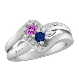 Round Birthstone Swirl Couple's Ring (2 Stones and Lines)