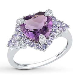 Amethyst Heart Ring Tanzanites & Diamonds 10K White Gold