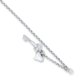 Heart & Key Anklet Hollow 14K White Gold 10&quot;