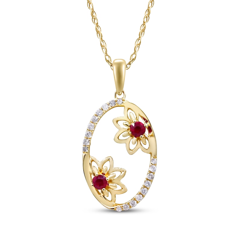 Main Image 1 of Ruby & Diamond Oval Frame Flower Necklace 1/10 ct tw 10K Yellow Gold 18&quot;