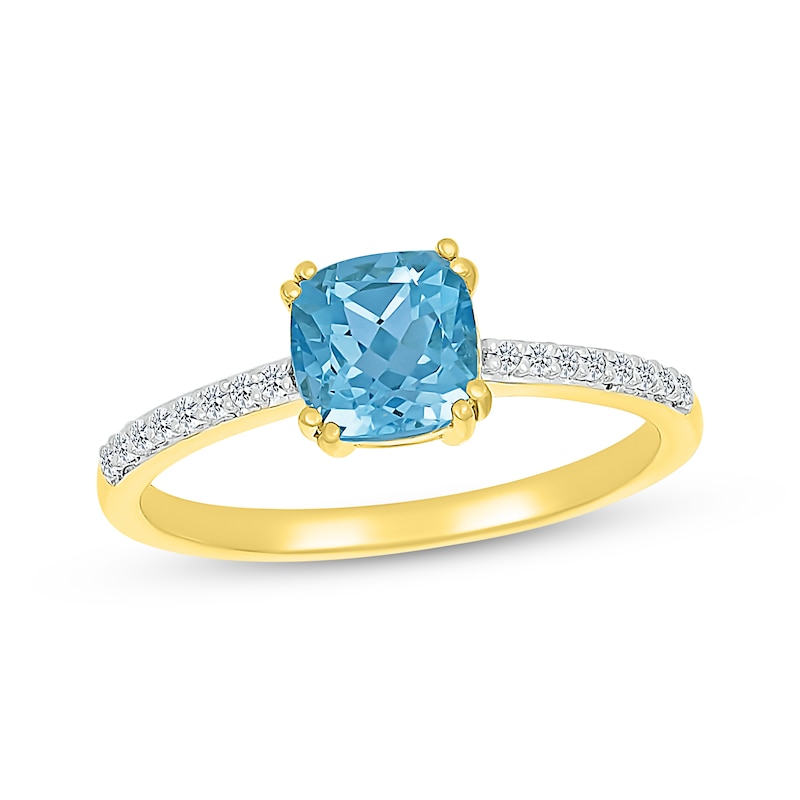 Cushion-Cut Natural Swiss Blue Topaz & Diamond Ring 1/15 ct tw 10K Yellow Gold