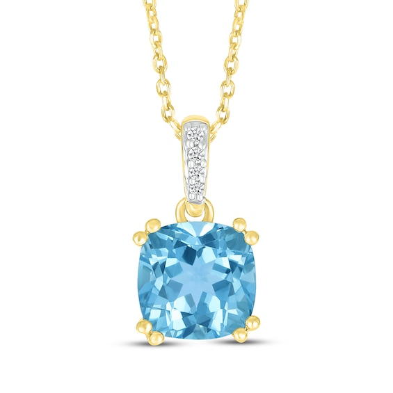 Cushion-Cut Natural Swiss Blue Topaz & Diamond Accent Necklace 10K Yellow Gold 18"