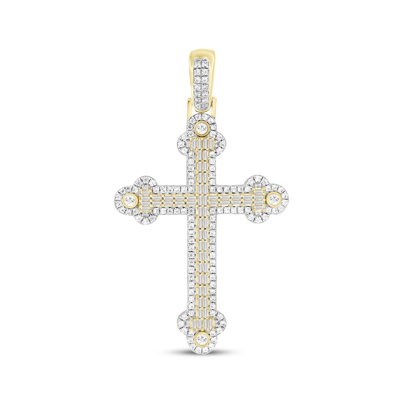 Main Image 1 of Men's Baguette & Round-Cut Diamond Cross Charm 1-1/2 ct tw 10K Yellow Gold