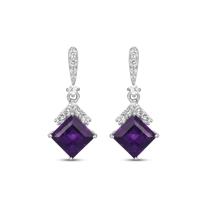 Main Image 2 of Square-Cut Amethyst & White Lab-Created Sapphire Drop Earrings Sterling Silver