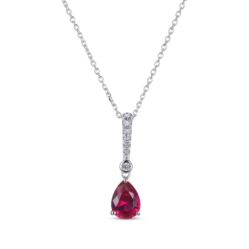 Main Image 1 of Pear-Shaped Lab-Created Ruby & Round-Cut White Lab-Created Sapphire Drop Necklace Sterling Silver 18”