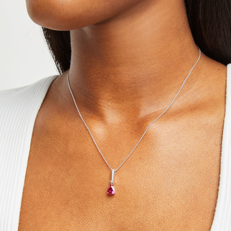 Main Image 5 of Pear-Shaped Lab-Created Ruby & Round-Cut White Lab-Created Sapphire Drop Necklace Sterling Silver 18”