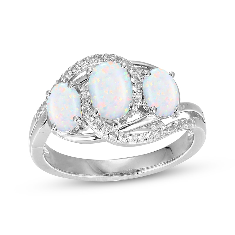 Main Image 1 of Oval-Cut Lab-Created Opal & White Lab-Created Sapphire Three-Stone Bypass Ring Sterling Silver