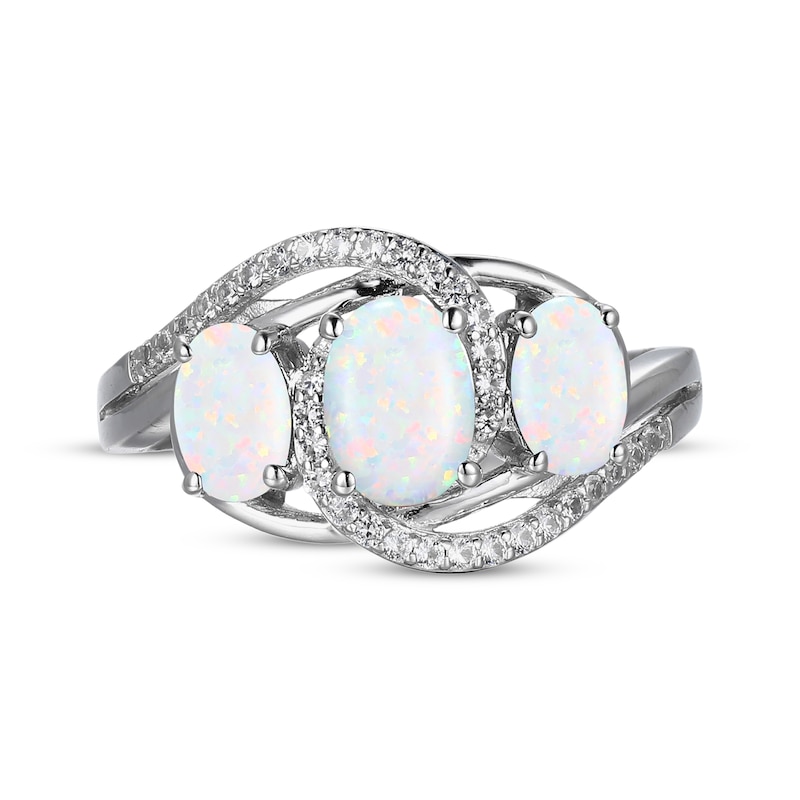 Main Image 3 of Oval-Cut Lab-Created Opal & White Lab-Created Sapphire Three-Stone Bypass Ring Sterling Silver