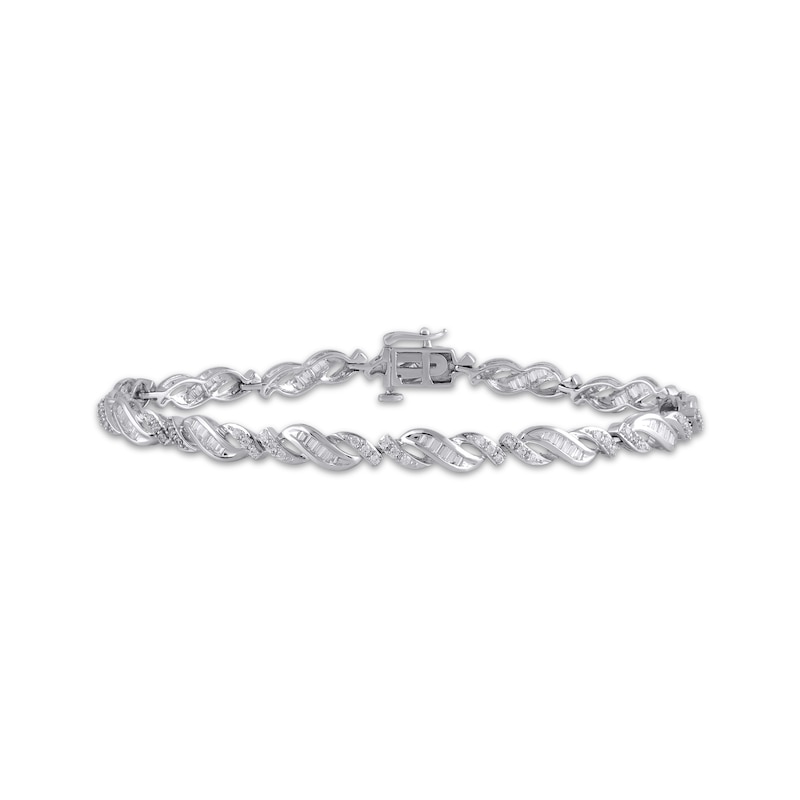 Main Image 1 of Baguette & Round-Cut Diamond Link Bracelet 1 ct tw 10K White Gold 7&quot;