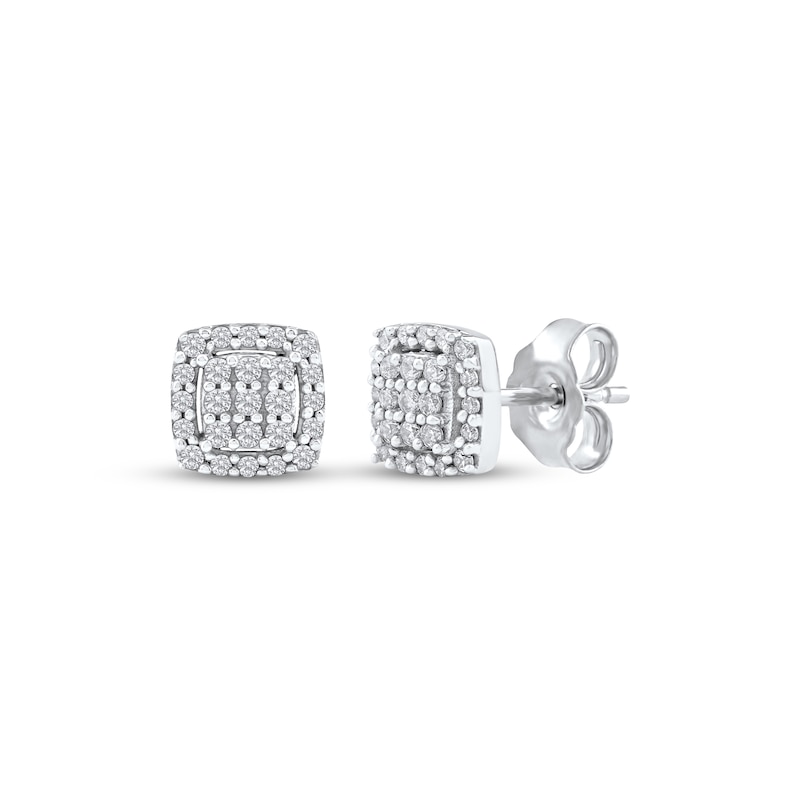 Main Image 1 of Multi-Diamond Cushion Halo Stud Earrings 1/5 ct tw 10K White Gold