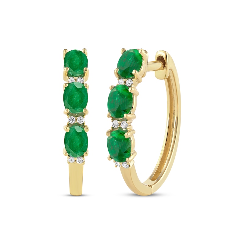 Main Image 1 of Oval-Cut Emerald & Diamond Hoop Earrings 1/20 ct tw 10K Yellow Gold