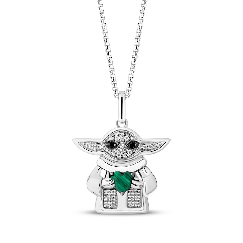 Main Image 1 of Star Wars Grogu Heart-Shaped Malachite & Diamond Necklace 1/15 ct tw Sterling Silver 18&quot;