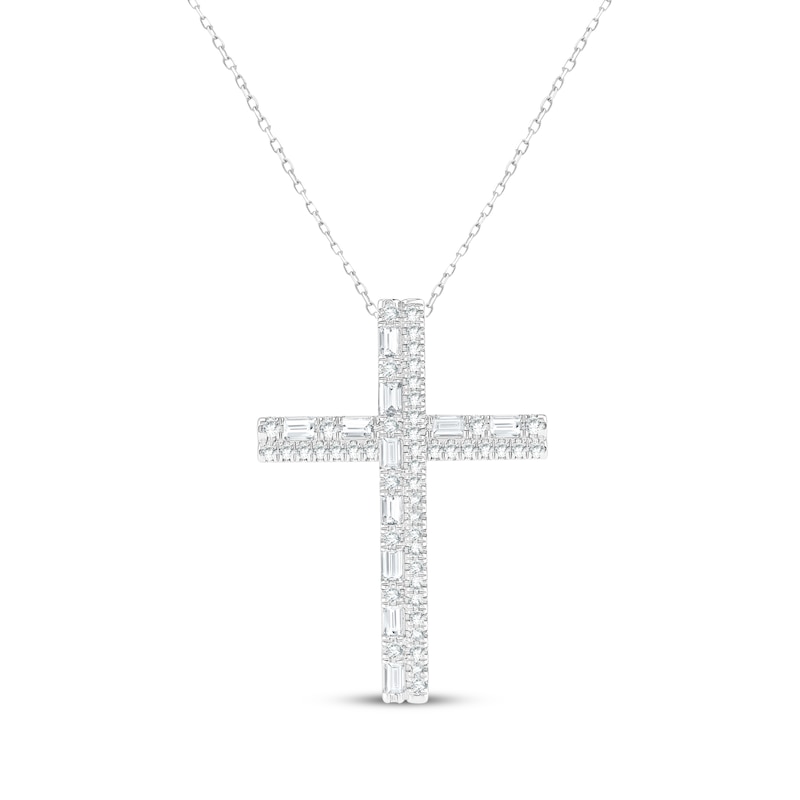 Main Image 1 of Baguette & Round-Cut Diamond Cross Necklace 1/3 ct tw 10K White Gold 18&quot;