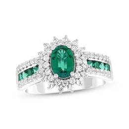 Oval-Cut Lab-Created Emerald & White Lab-Created Sapphire Starburst Halo Ring Sterling Silver