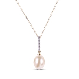 Cultured Pearl & Round-Cut Diamond Drop Necklace 1/20 ct tw 10K Yellow Gold 18“