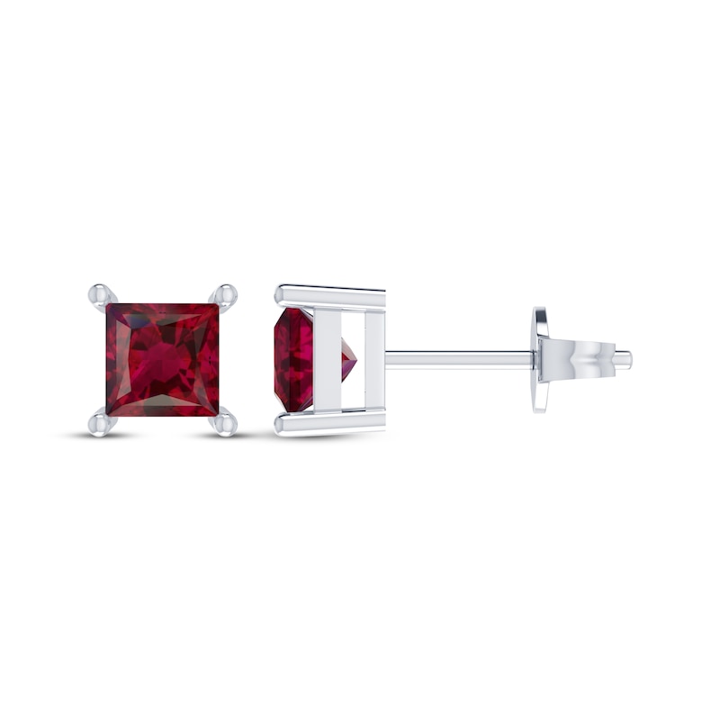 Main Image 1 of Square-Cut Lab-Created Ruby Solitaire Stud Earrings Sterling Silver