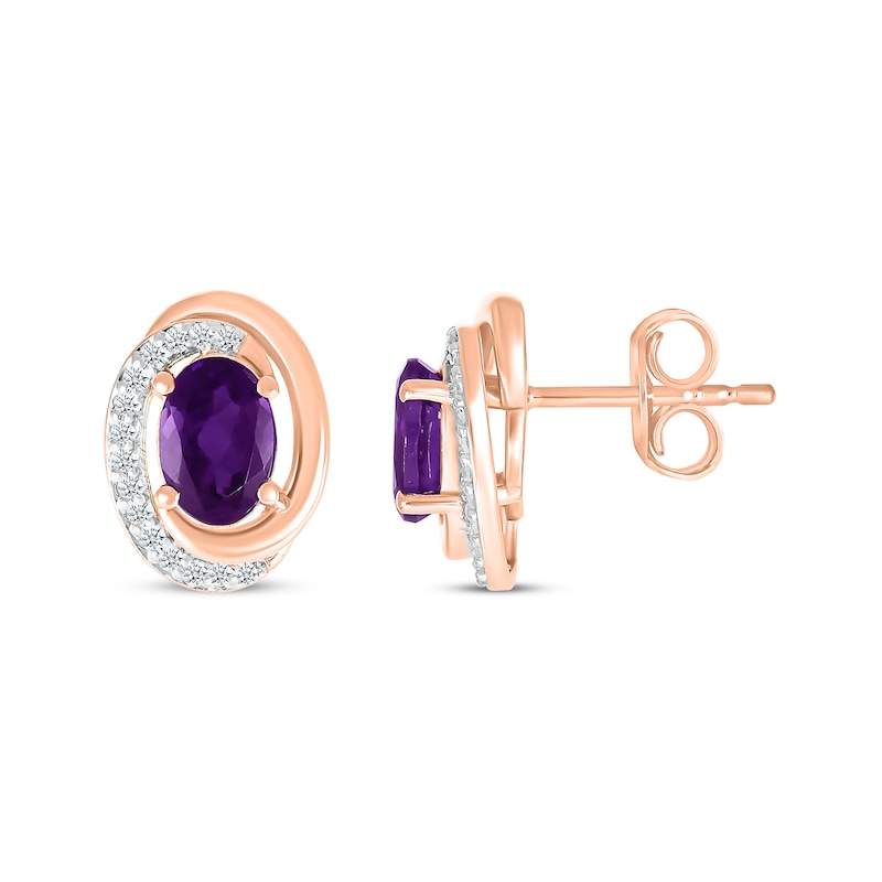 Main Image 3 of Oval-Cut Amethyst & Diamond Swirl Stud Earrings 1/15 ct tw 10K Rose Gold