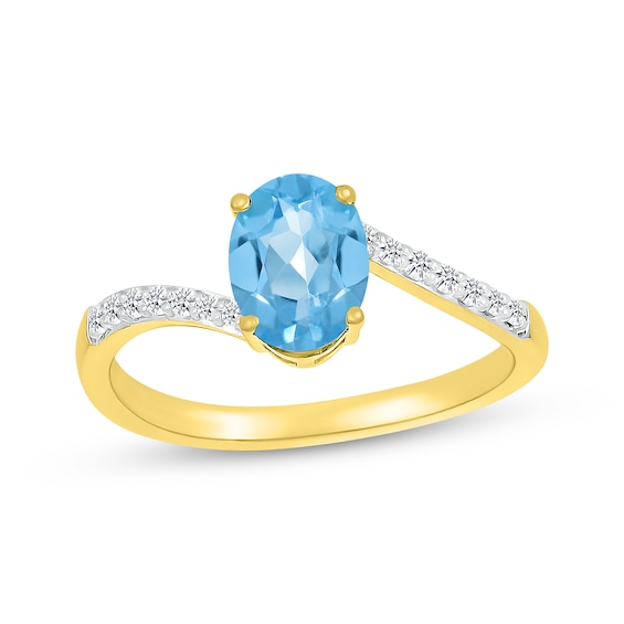 Oval-Cut Swiss Blue Topaz & Diamond Bypass Ring 1/10 ct tw 10K Yellow Gold