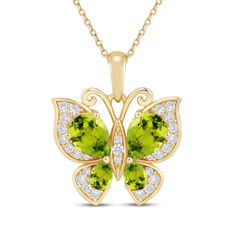 Pear-Cut Natural Peridot & Diamond Butterfly Necklace 1/5 ct tw 10K Yellow Gold 18"