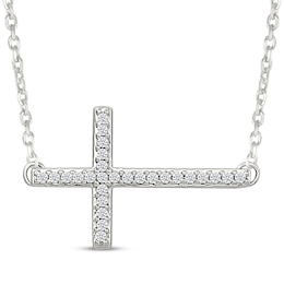 Diamond Sideways Cross Necklace 1/10 ct tw Sterling Silver 18&quot;