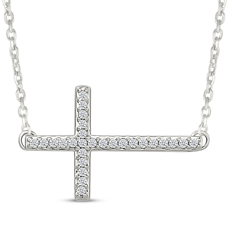 Main Image 1 of Diamond Sideways Cross Necklace 1/10 ct tw Sterling Silver 18&quot;