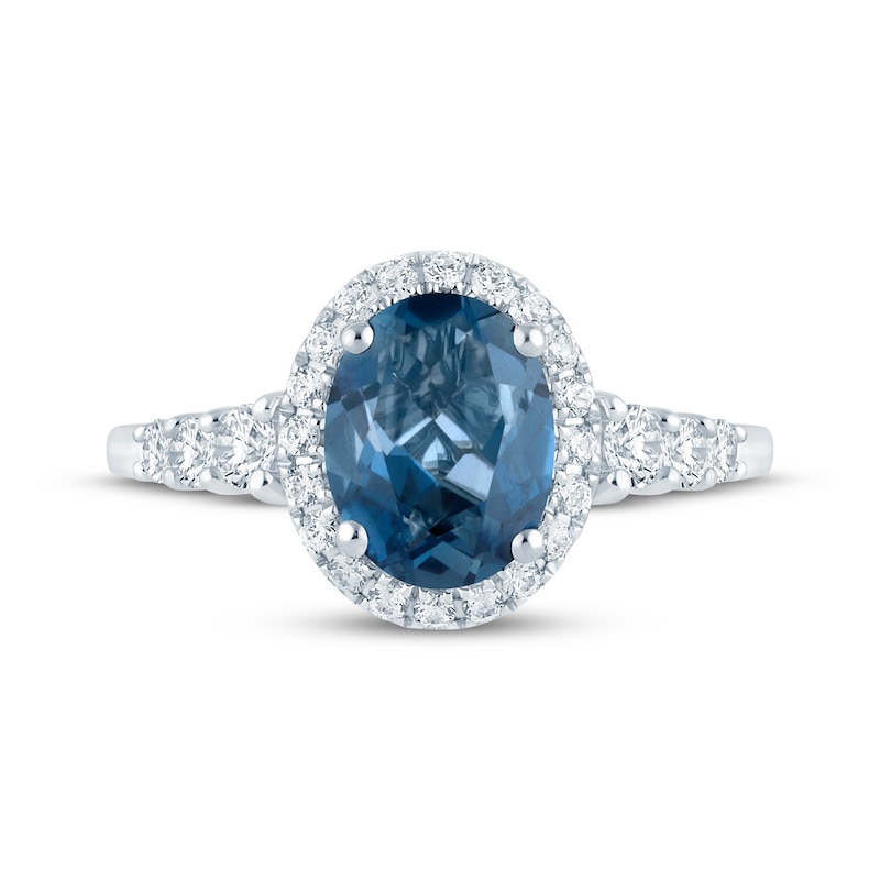 Main Image 3 of Oval-Cut London Blue Topaz & Diamond Halo Engagement Ring 3/8 ct tw 14K White Gold