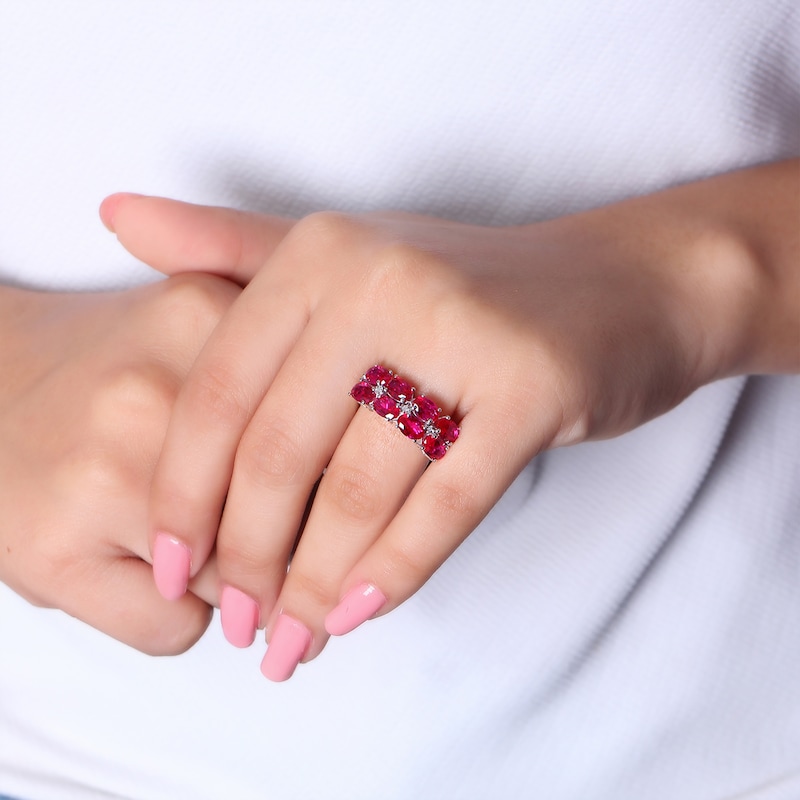 Main Image 3 of Oval-Cut Lab-Created Ruby & White Lab-Created Sapphire Two-Row Ring Sterling Silver