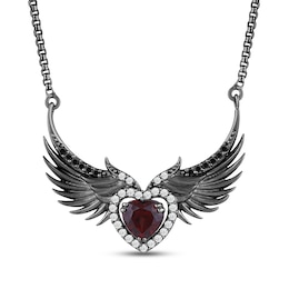 Ink & Ice Heart-Shaped Garnet, Black & White Diamond Wings Necklace 1/5 ct tw Black Rhodium-Plated Sterling Silver 18&quot;