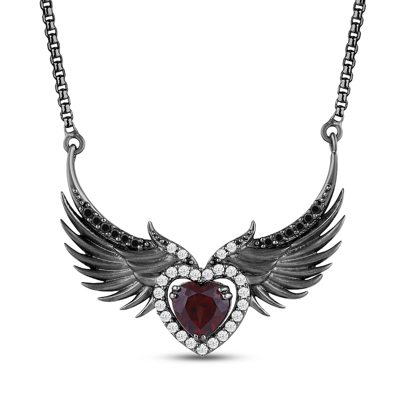 Main Image 1 of Ink & Ice Heart-Shaped Garnet, Black & White Diamond Wings Necklace 1/5 ct tw Black Rhodium-Plated Sterling Silver 18&quot;